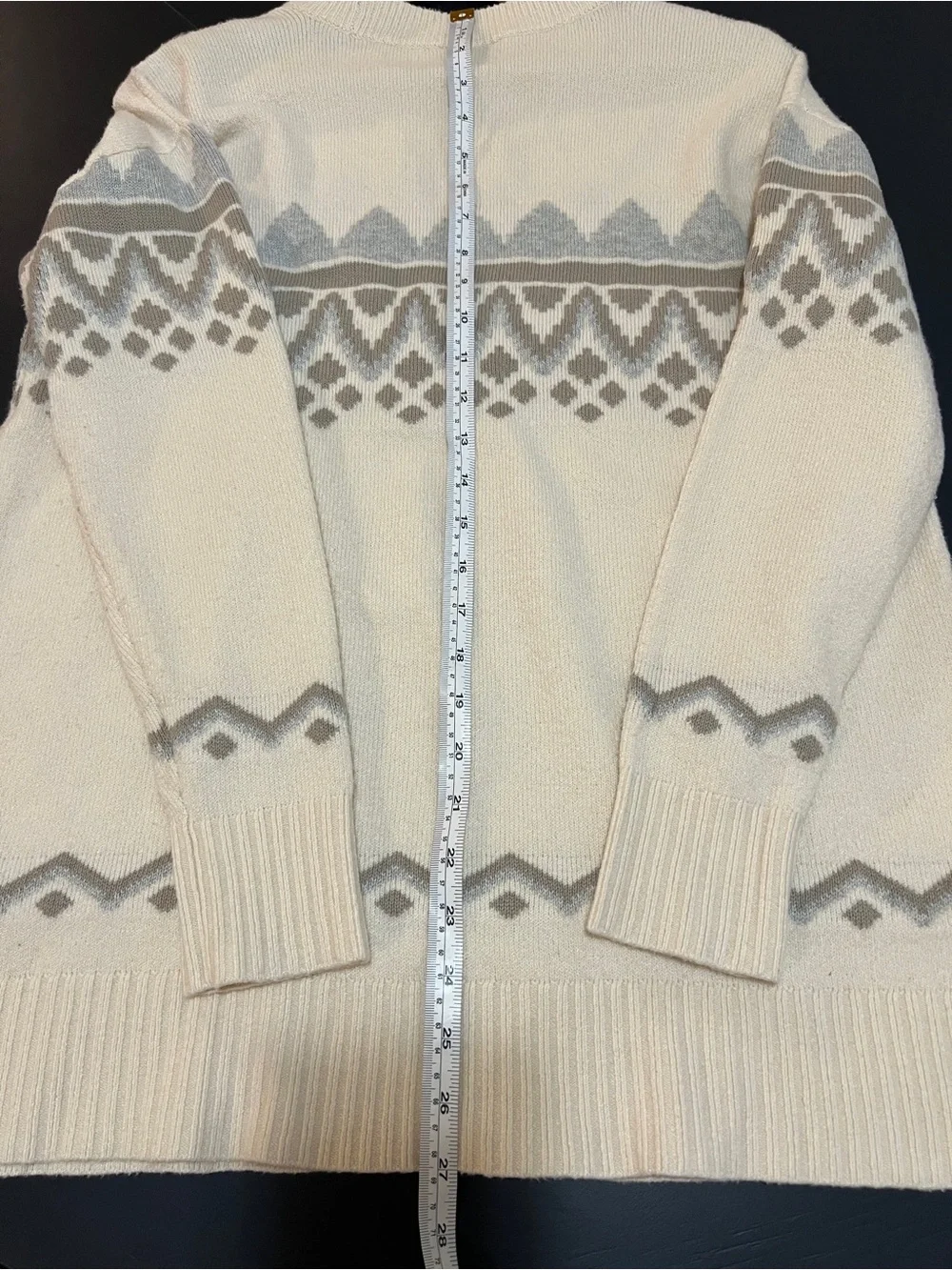 LOFT Cream Fair Isle Crewneck Sweater with Gray Pattern- Medium